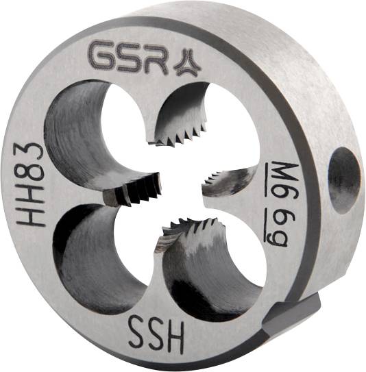 Un filiera metallica rotonda marcata con 'GSR', 'HH83', 'M6 6g' e 'SSH', con spigoli di taglio interni e fori, utilizzata per creare filetti su viti o barre.