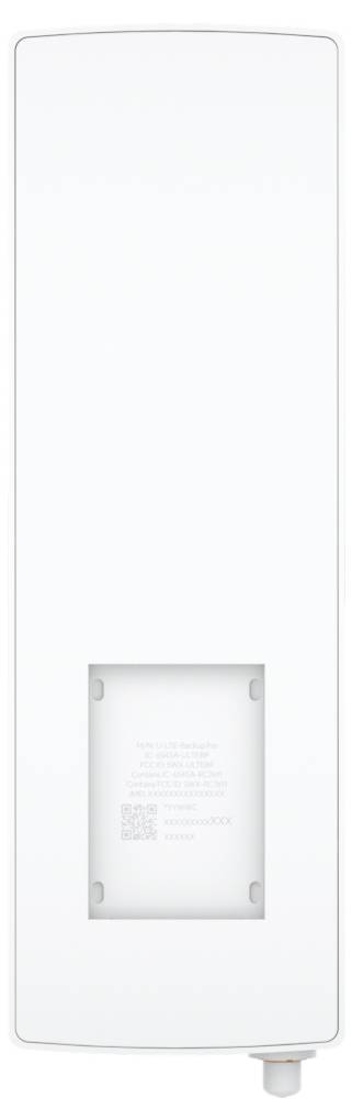 Un dispositivo bianco allungato con una piccola sezione rettangolare che mostra le specifiche tecniche e un codice QR vicino al fondo.