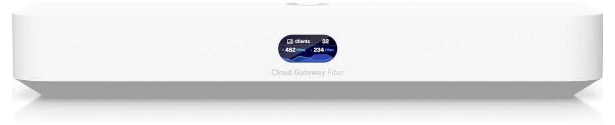 Un dispositivo rettangolare bianco etichettato come "Cloud Gateway Router" con un piccolo schermo sulla parte anteriore che visualizza statistiche di rete.
