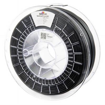 Una bobina di filamento nero per stampante 3D in confezione trasparente, etichettata 'Spectrum PLA ESD' con un adesivo di controllo di qualità superato.
