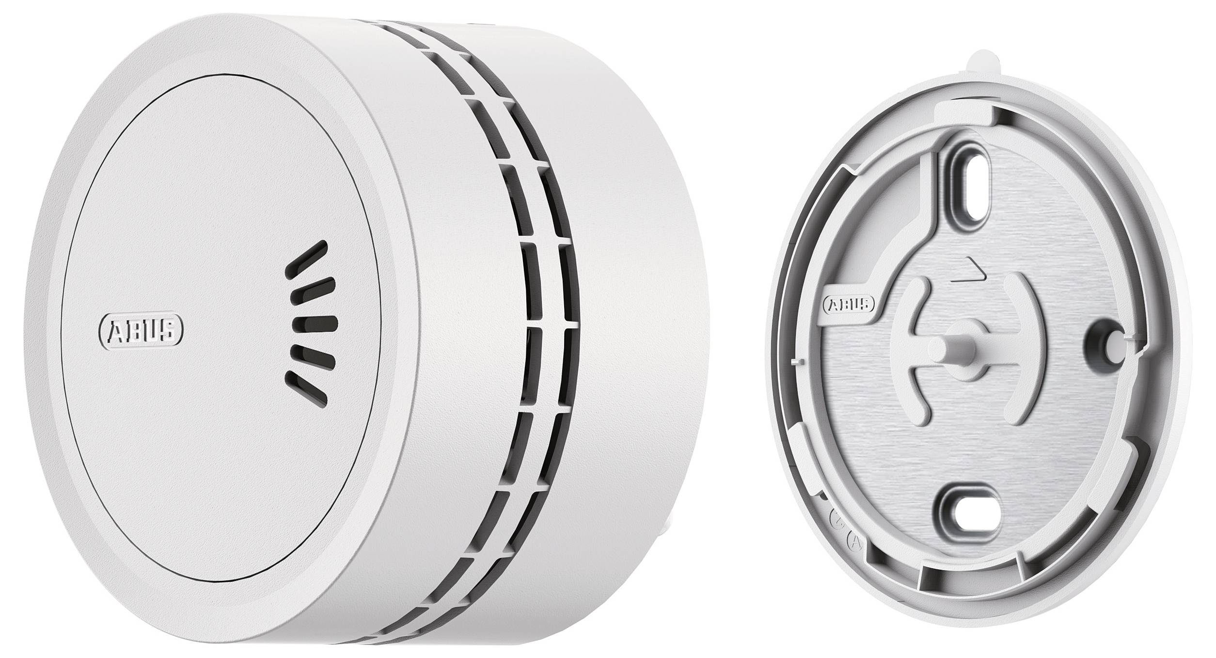 Rilevatore di fumo bianco etichettato 'ABUS', cilindrico con fessure di ventilazione sui lati. Base di montaggio circolare separata mostrata accanto ad esso.