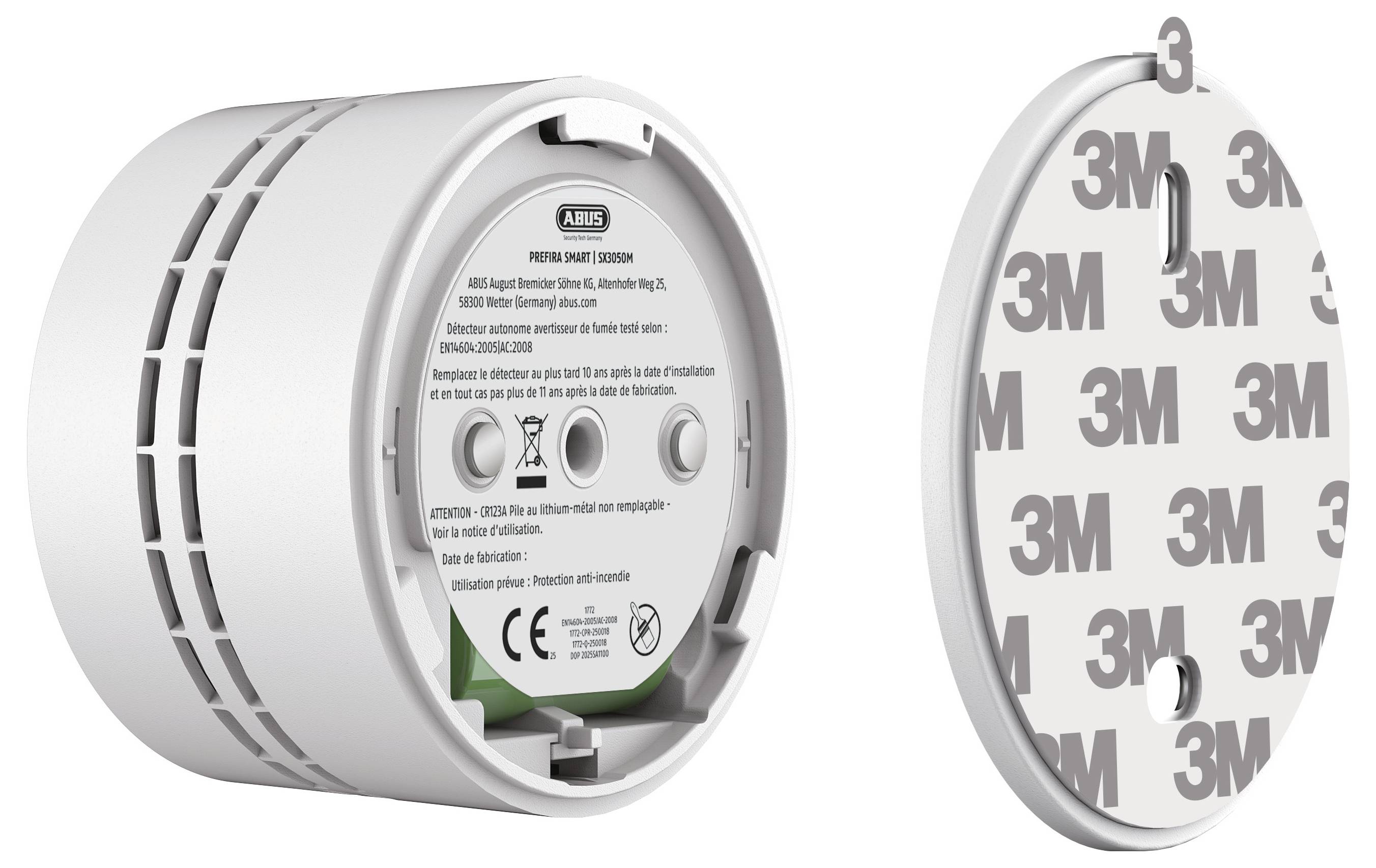 Un rilevatore di fumo rotondo e bianco con una piastra posteriore rimovibile che mostra adesivo 3M, progettato per il fissaggio al soffitto senza viti.
