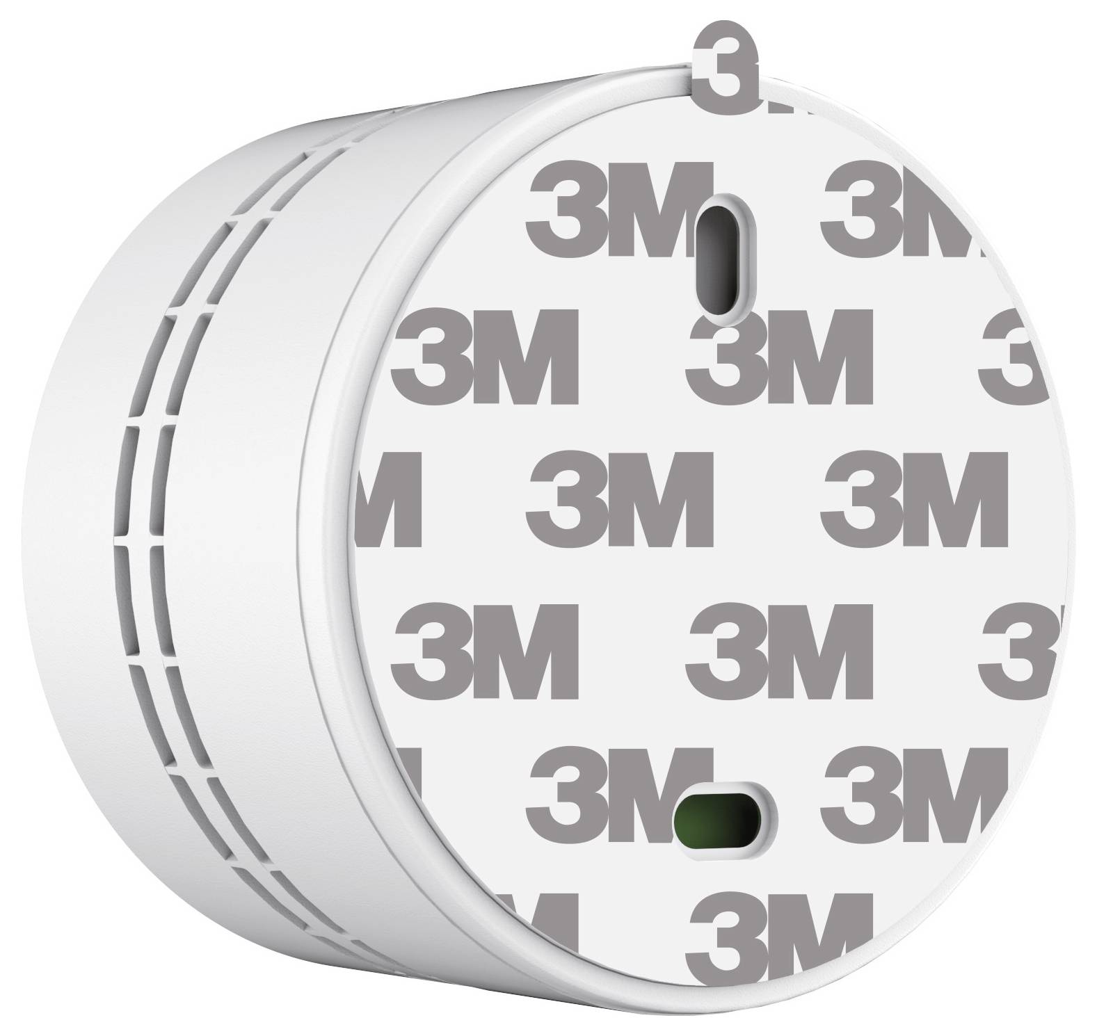 Un rilevatore di fumo rotondo bianco con supporto adesivo 3M.