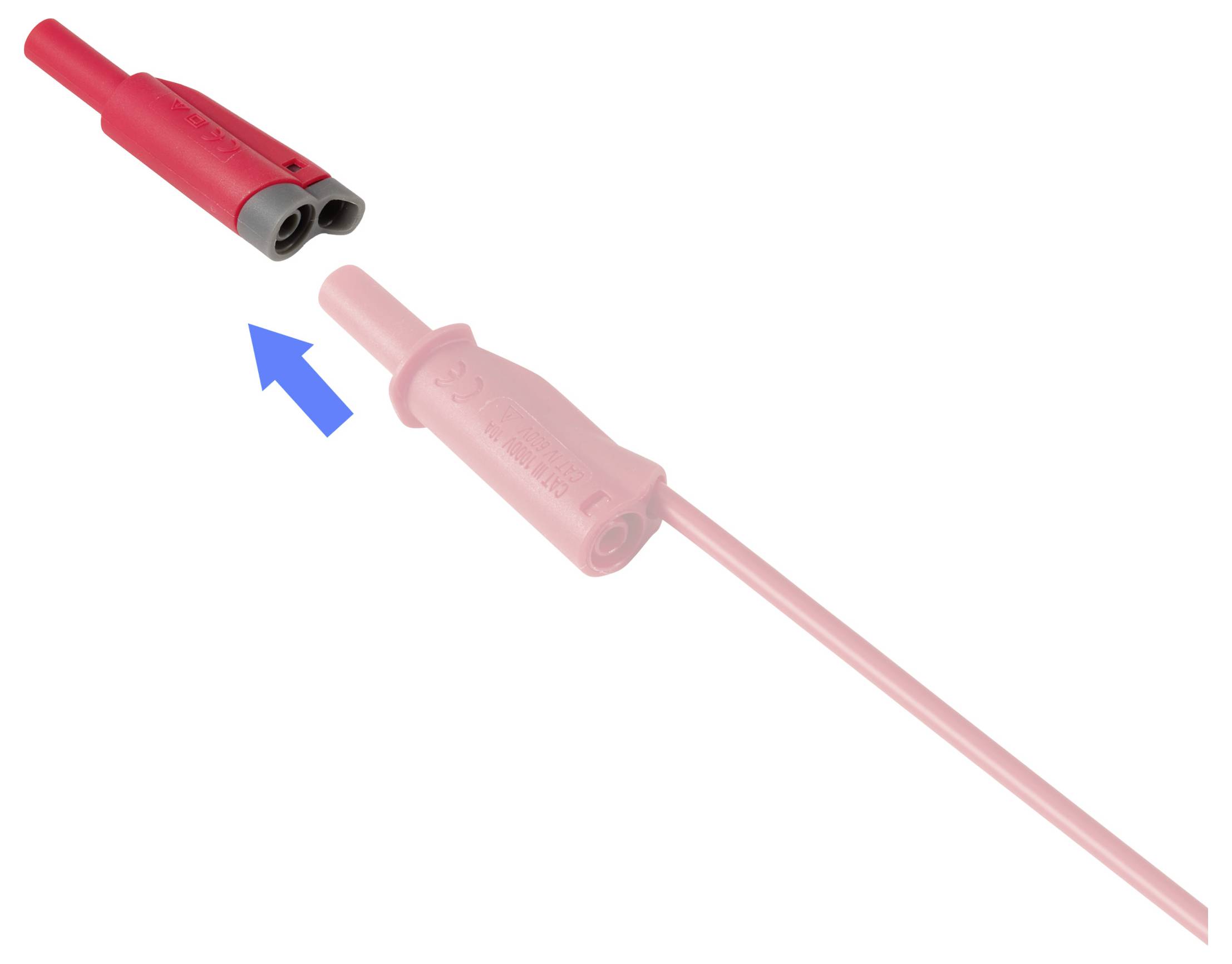 Connettore elettrico rosso che viene collegato a una spina di cavo rosa corrispondente, mostrato con una freccia che indica la direzione di collegamento.
