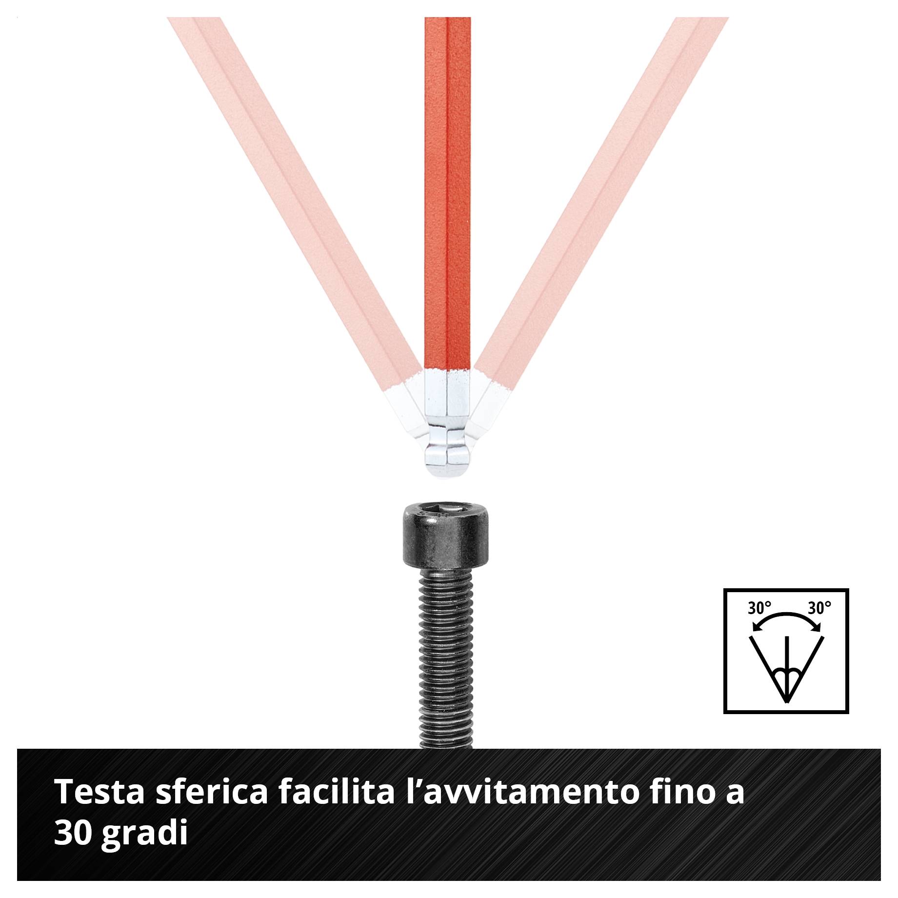 Illustrazione del prodotto di una chiave a brugola blu con doppia testa; Testo: 'Forma a doppia testa per avvitamento preciso e potente'.