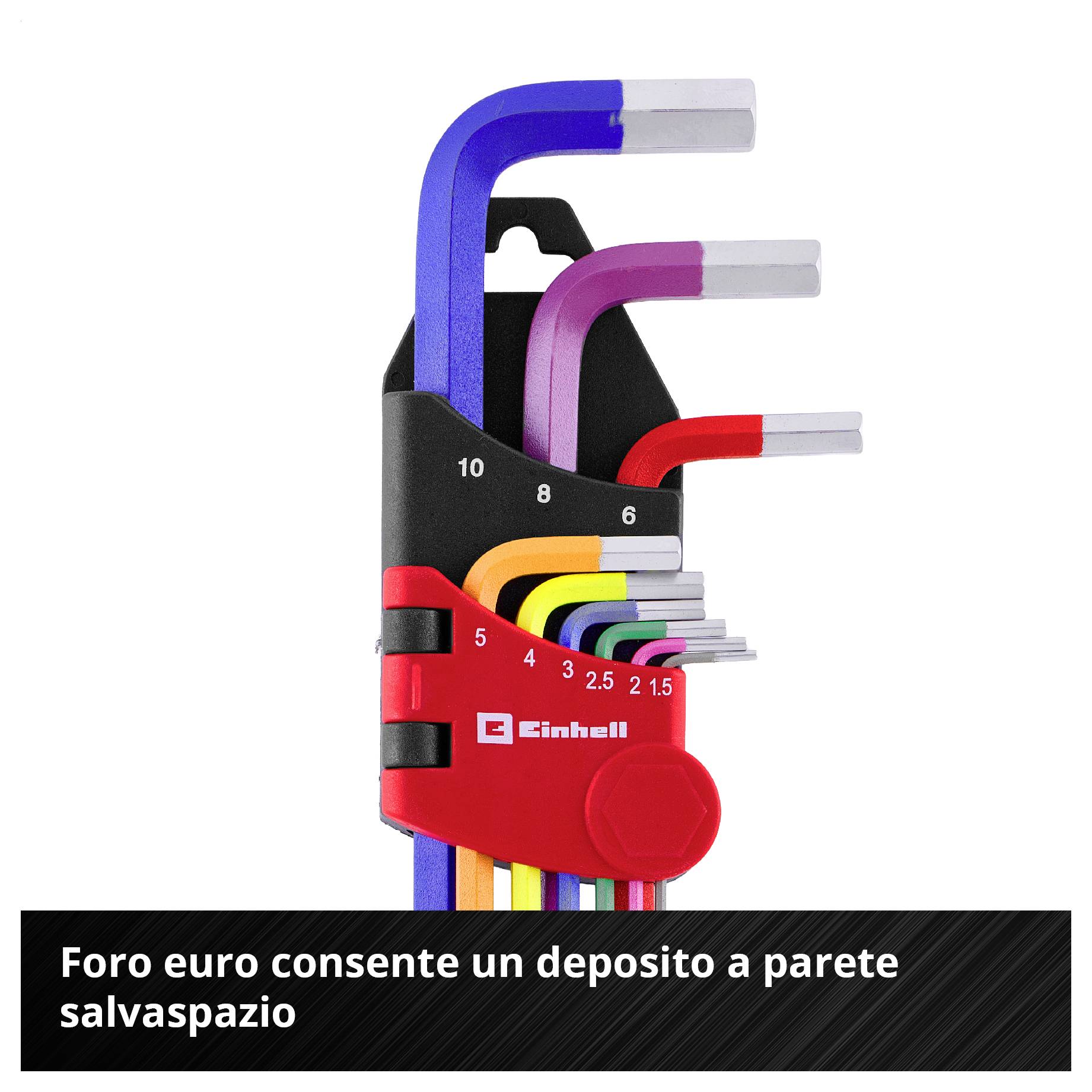 Portachiavi a brugola pieghevole con chiavi esagonali codificate per colore, numerate 6, 8 e 10, per una conservazione sicura e ordinata.