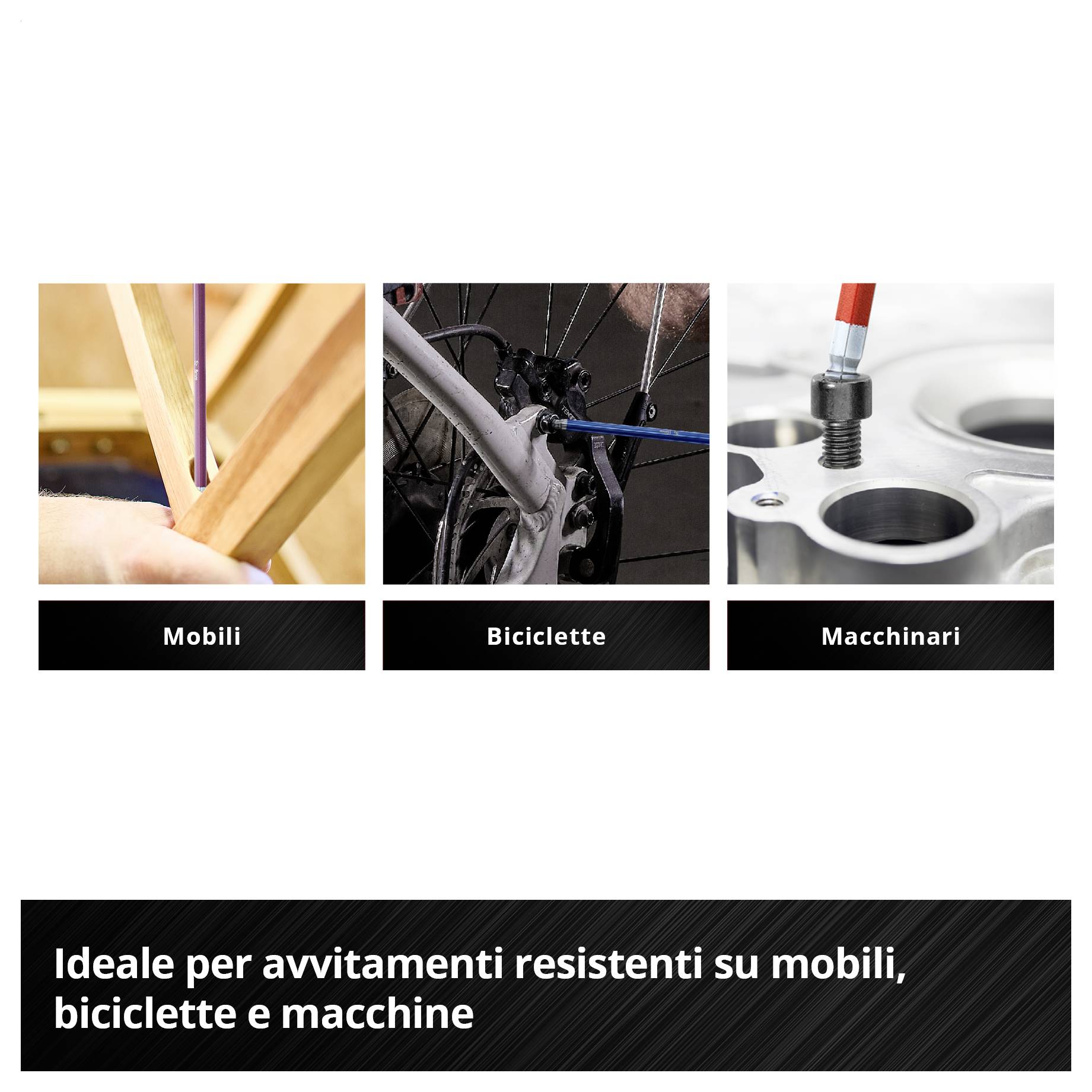 Immagine di un set di chiavi esagonali colorate nel supporto; il testo menziona "sospensione Euroloc" per lo stoccaggio a parete che risparmia spazio.