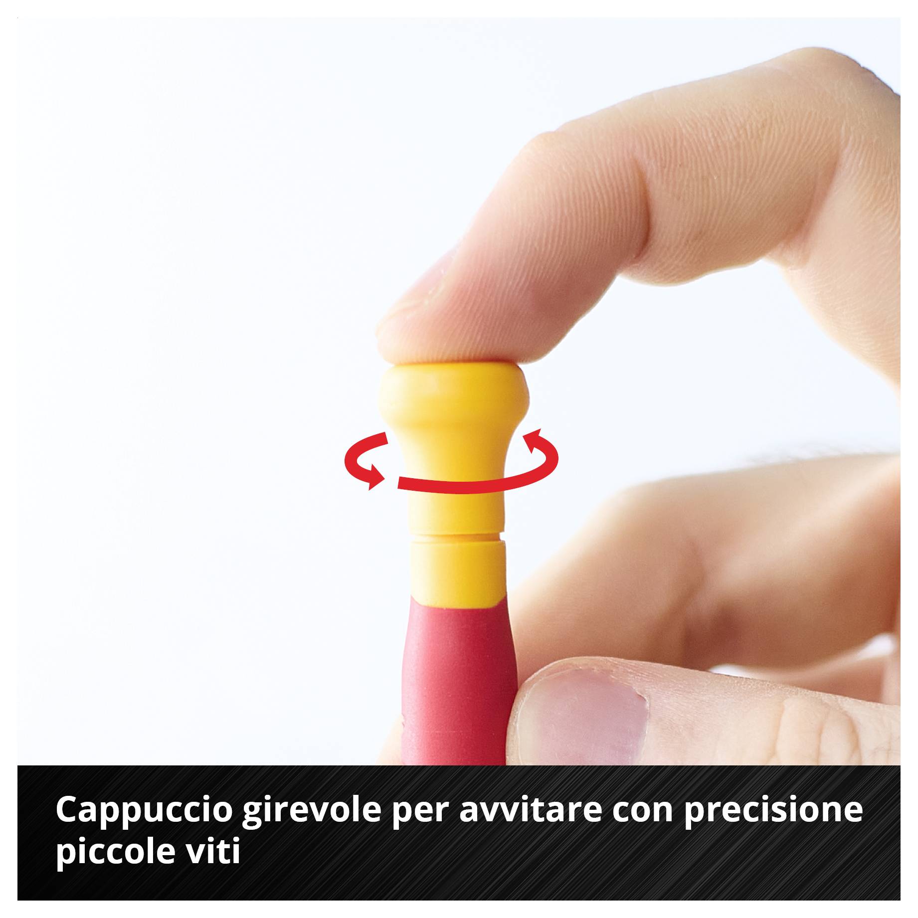 Infografica con sei cacciaviti rosso-gialli e vantaggi evidenziati: tappo girevole, impugnature ergonomiche, lame S2 robuste, design compatto.