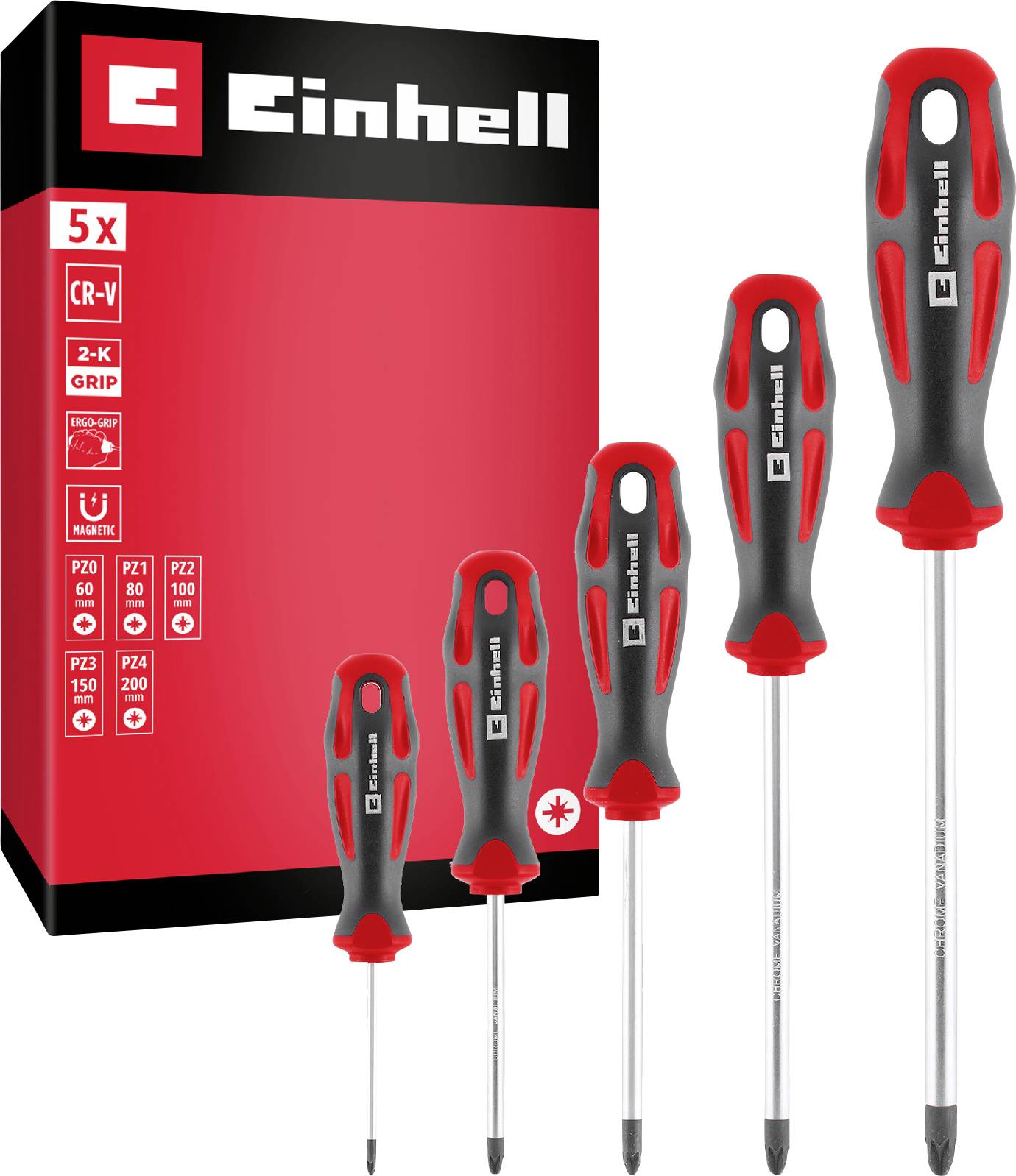 Set di 5 cacciaviti Einhell con manici rossi e neri e scatola prodotto, che mostra cinque cacciaviti assortiti di diverse dimensioni.