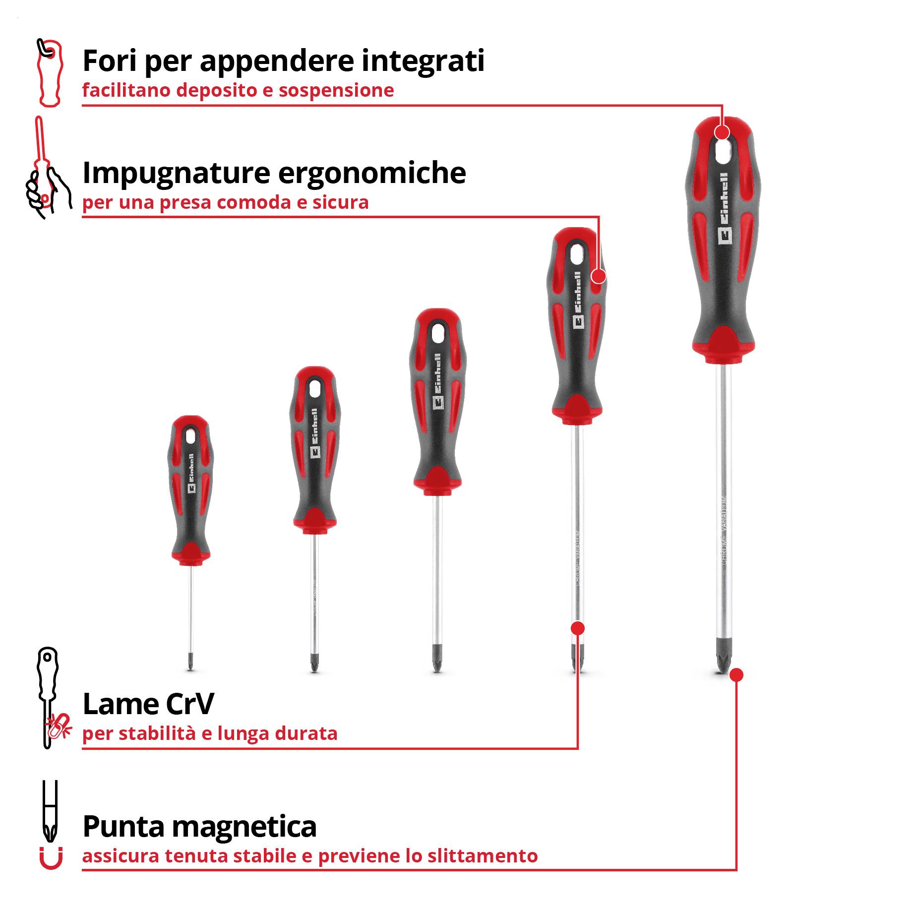 Infografica con cinque cacciaviti di diverse dimensioni: impugnature integrate con fori, impugnature ergonomiche, lame in CrV e punta magnetica; evidenzia una presa sicura e uno stoccaggio pratico.