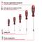 Infografica con cinque cacciaviti di diverse dimensioni: impugnature integrate con fori, impugnature ergonomiche, lame in CrV e punta magnetica; evidenzia una presa sicura e uno stoccaggio pratico.