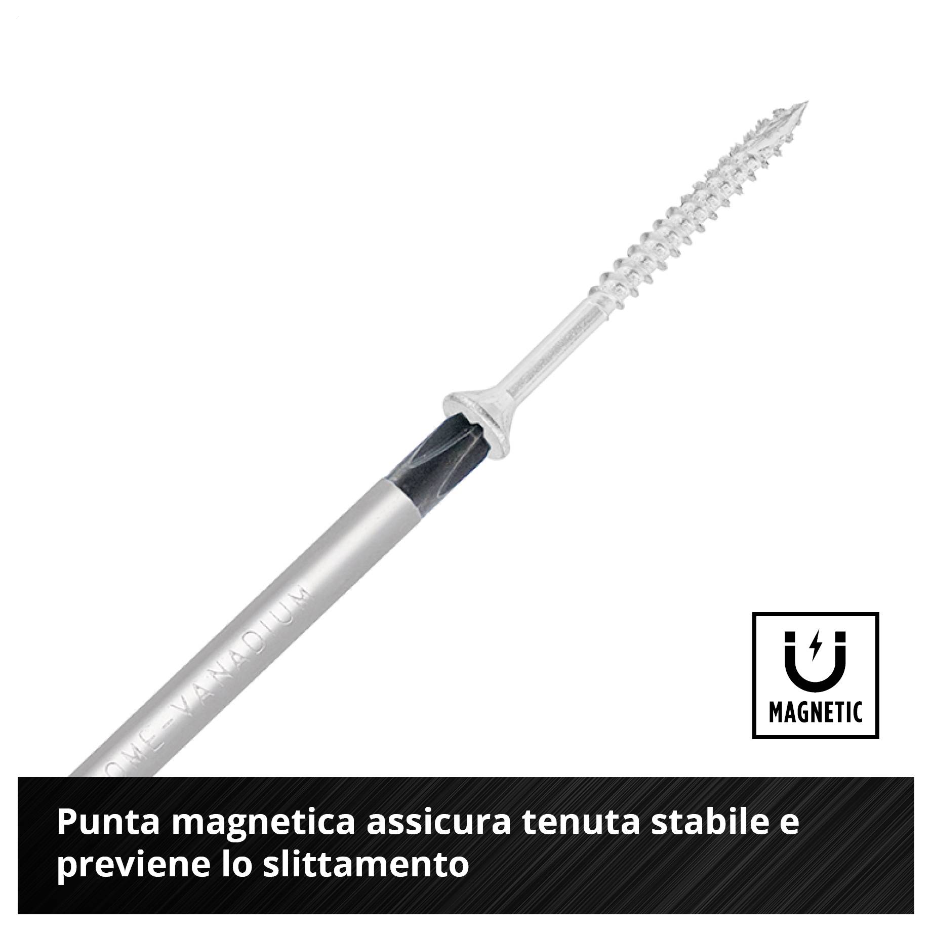 Immagine pubblicitaria di un cacciavite con punta magnetica; Testo: 'La punta magnetica garantisce una presa sicura e impedisce lo scivolamento'.