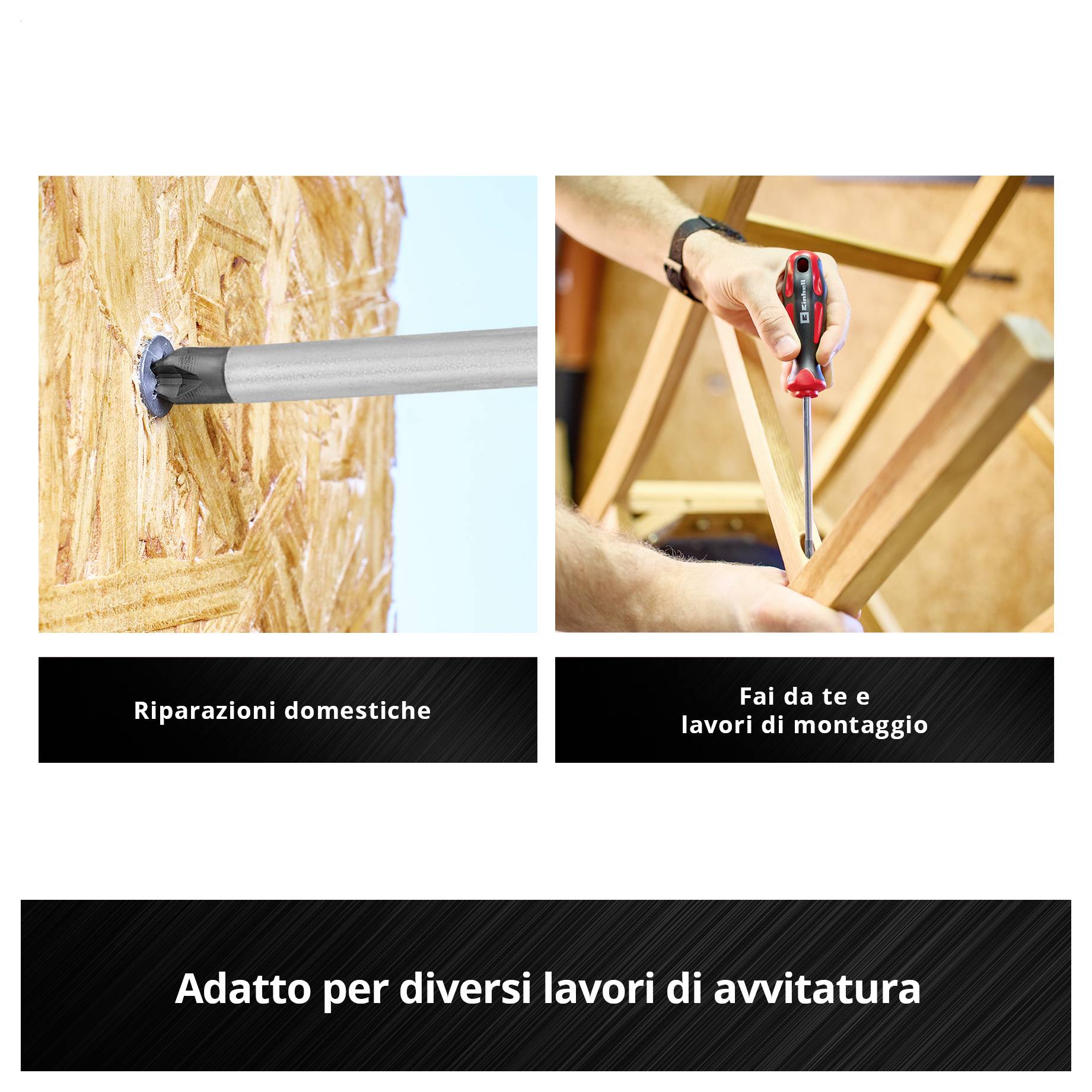 Grafica pubblicitaria con cacciavite: a sinistra vite nel legno, a destra lavoro di montaggio; Testo: 'Riparazioni domestiche', 'Lavori fai-da-te e di montaggio', 'Adatto per diversi tipi di lavori di avvitamento'.