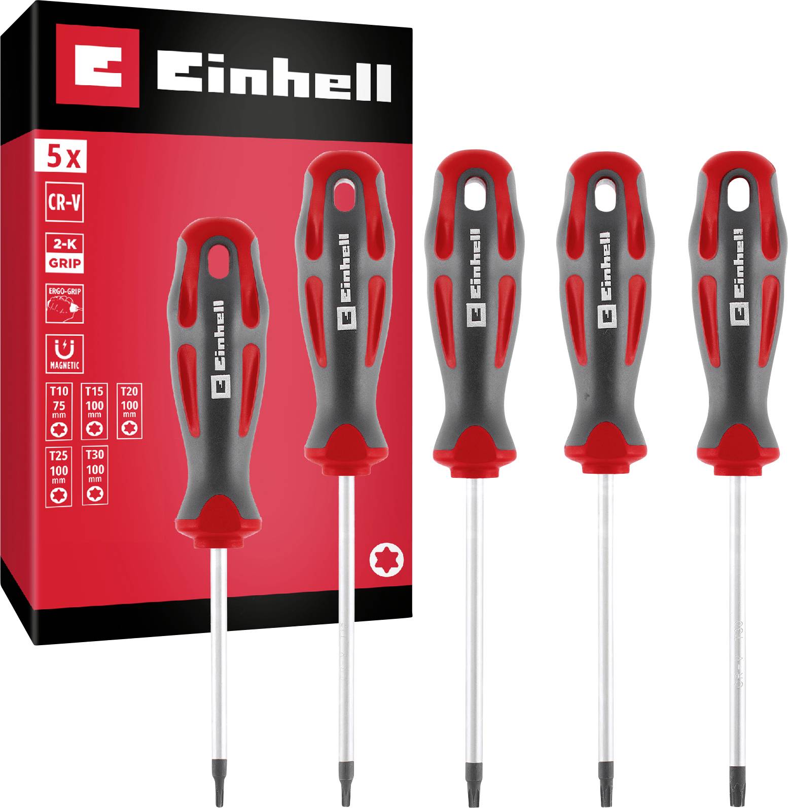 Set di cacciaviti Einhell a 5 pezzi con manici rossi e neri, mostrato accanto alla scatola del prodotto su sfondo bianco.