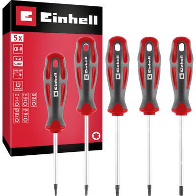 Set di cacciaviti Einhell a 5 pezzi con manici rossi e neri, mostrato accanto alla scatola del prodotto su sfondo bianco.