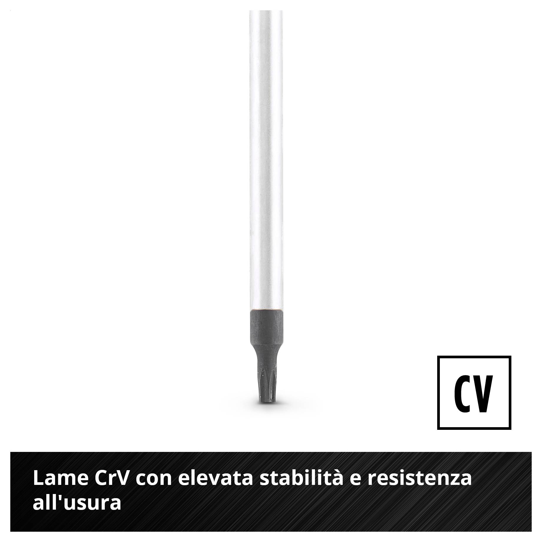 È rappresentato un lama in CrV; il testo sottolinea un'elevata stabilità e una lunga resistenza all'usura.