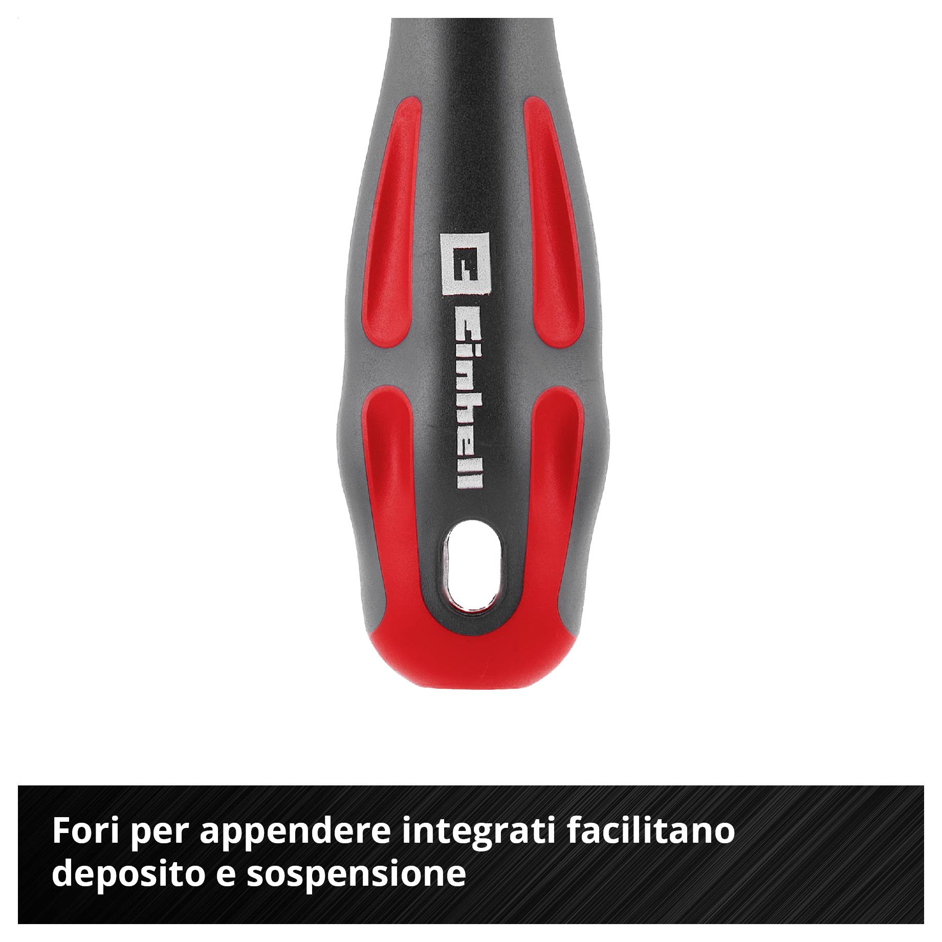 Manico di cacciavite rosso e nero con foro per appenderlo; Testo: 'Le impugnature con foro integrato facilitano l'appensione e la conservazione'.