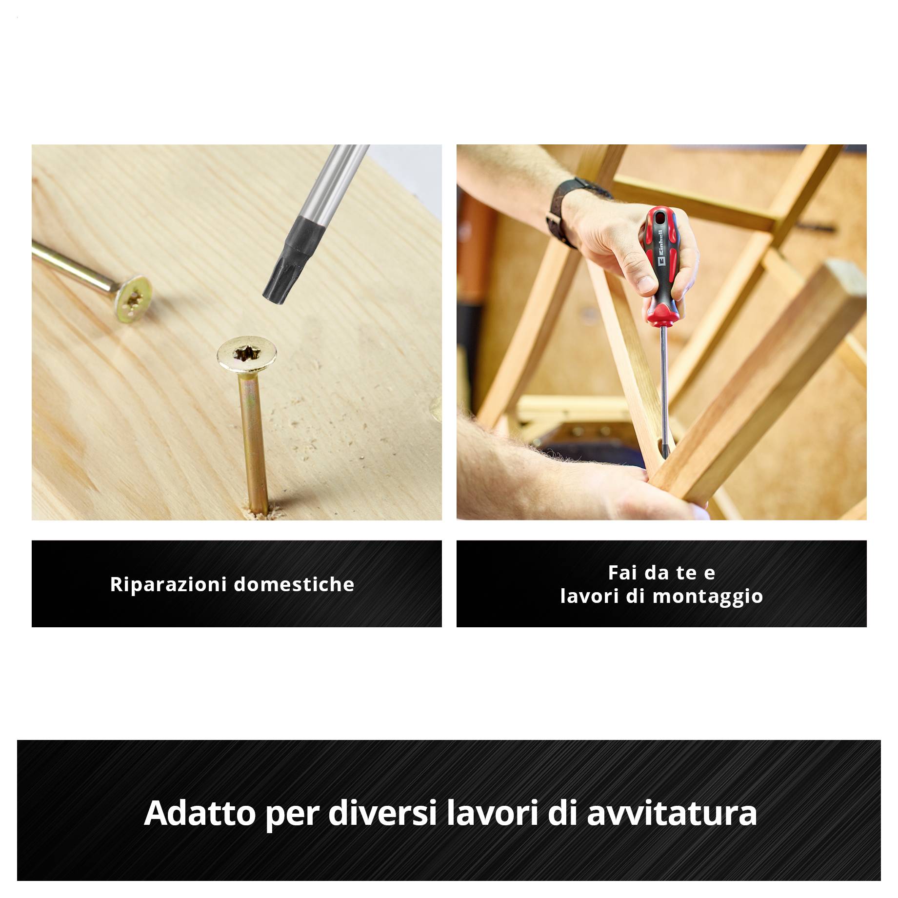 Grafica pubblicitaria con due lavori di avvitamento: a sinistra vite nel legno, a destra persona con cacciavite su un mobile; testo: 'Riparazioni domestiche', 'Lavori di fai da te e montaggio', 'Adatto per diversi lavori di avvitamento'.