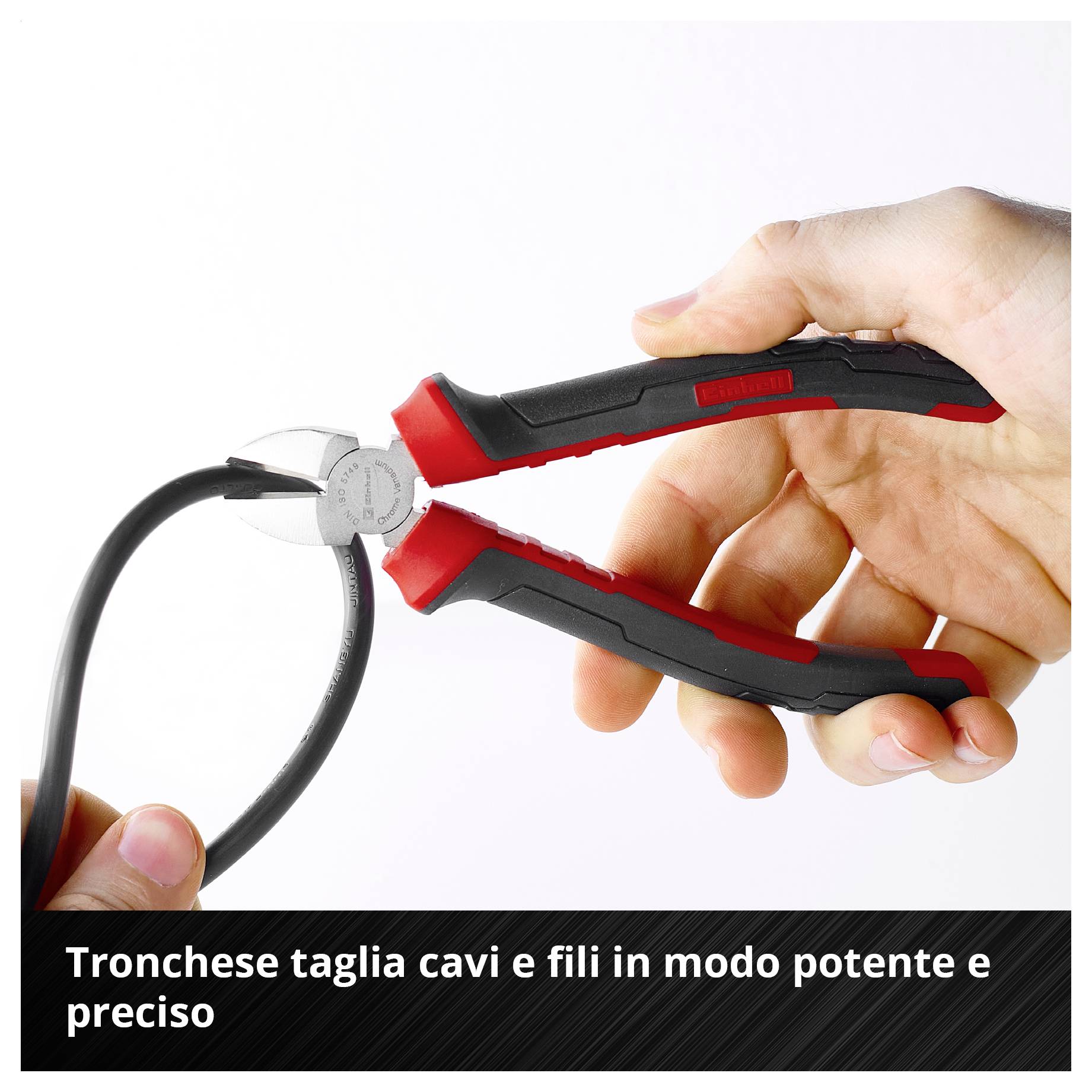 Infografica che confronta le pinze: pinza universale, pinza tagliente, pinza a becchi rotondi e pinza a becchi curvi, con usi e materiale in acciaio cromo-vanadio.