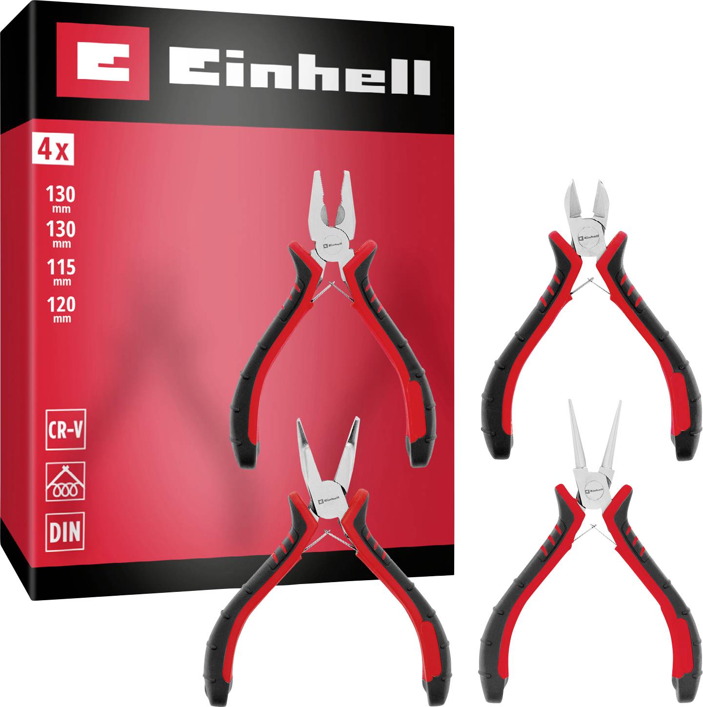 Set di 4 pezzi di pinze tronchesi diagonali rosso-nere Einhell in misure 130, 130, 115 e 120 mm, mostrato con confezionamento al dettaglio.