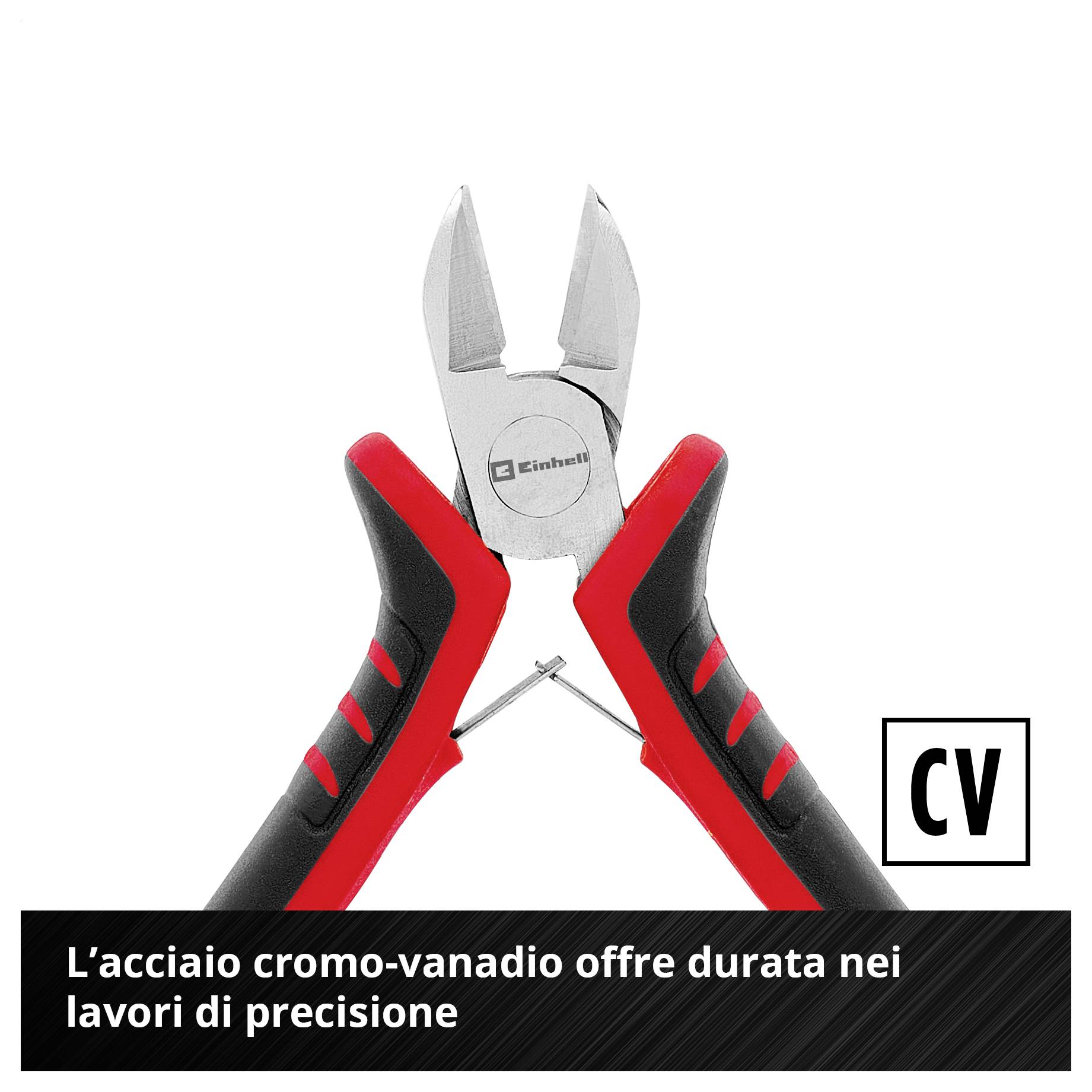 Tronchese con manico rosso-nero; Nota: l'acciaio cromo-vanadio garantisce durabilità nei lavori di precisione.