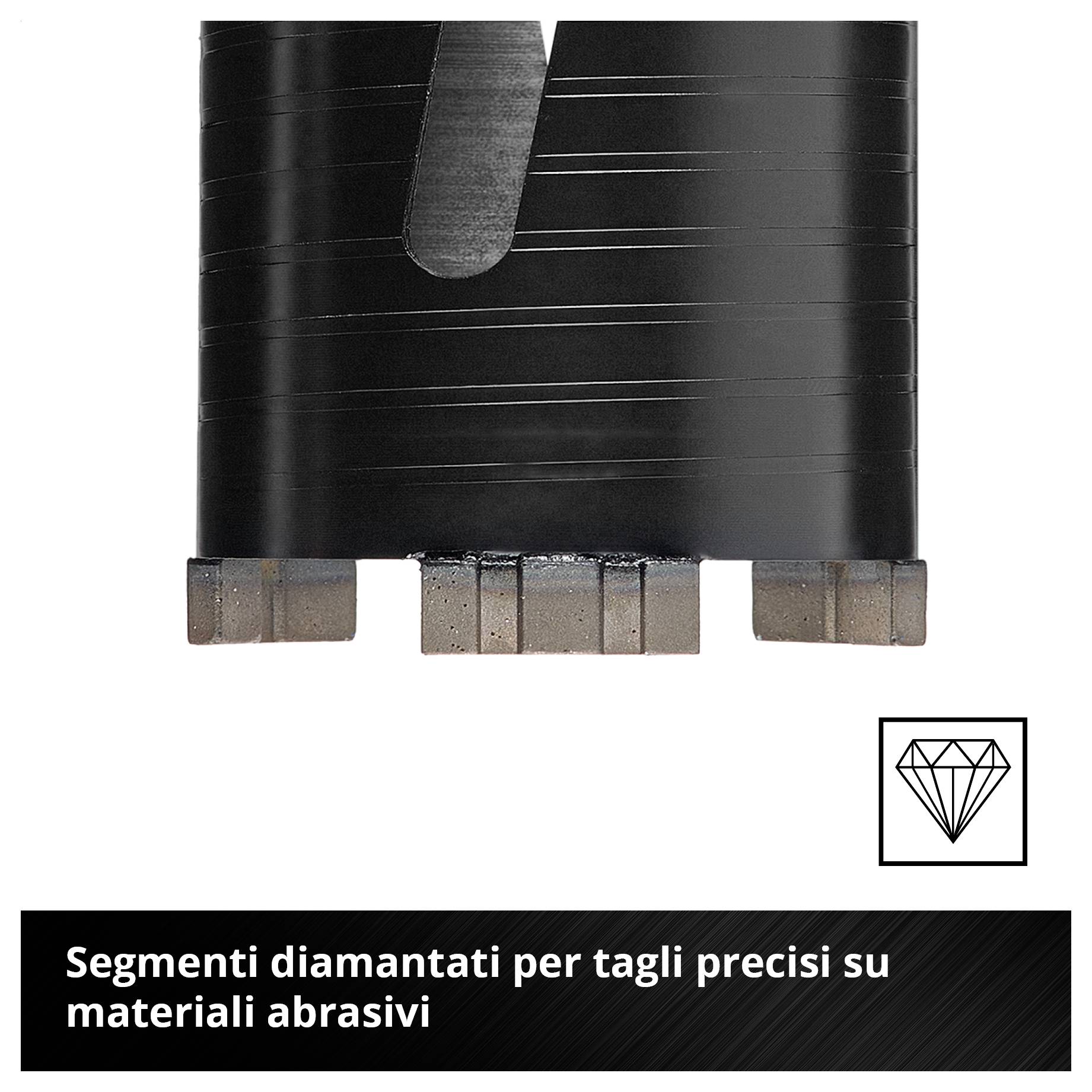 Punte da trapano con diamante e segmenti; Testo: 'Segmenti di diamante per tagli precisi in materiale abrasivo'.