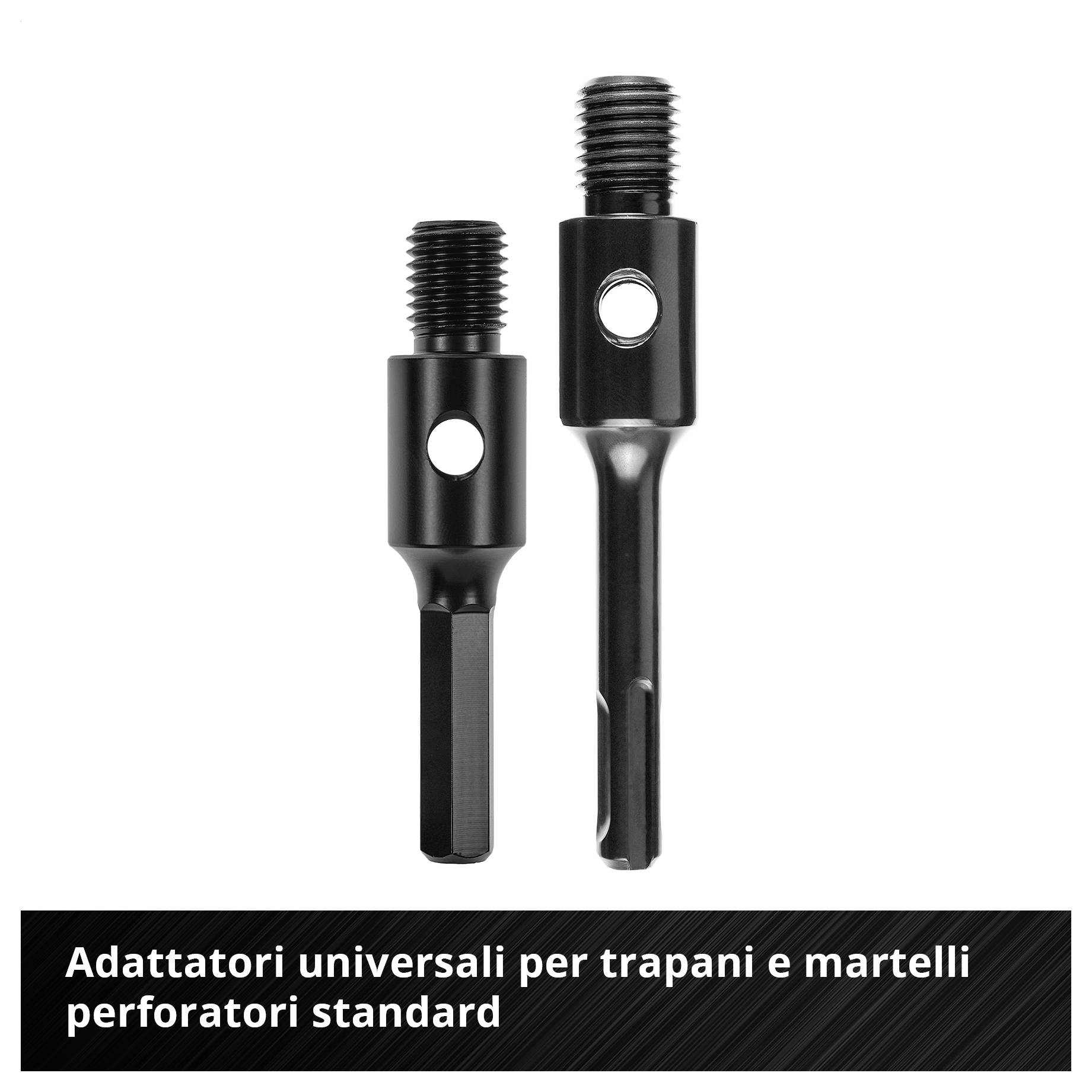 Due adattatori neri per trapani e martelli perforatori, con filettatura e apertura laterale, su sfondo bianco; in basso testo: 'Adattatori universali adatti ai trapani e martelli perforatori comuni'