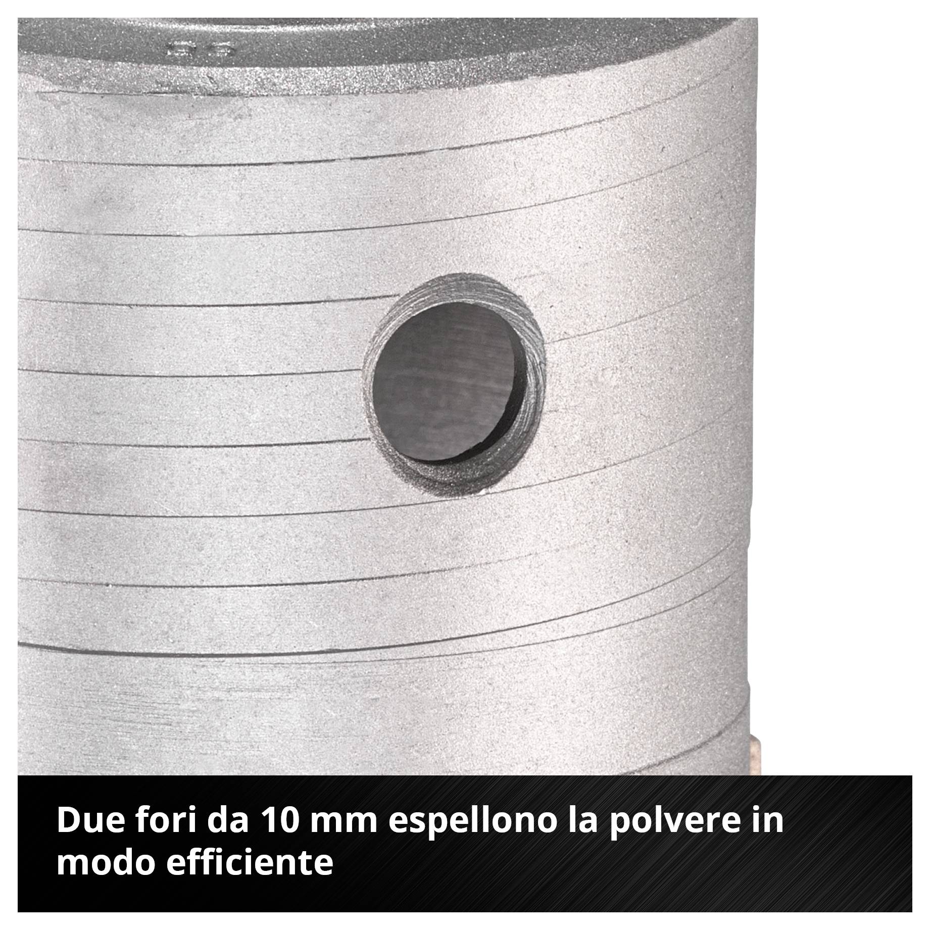 Primo piano di un cilindro grigio con foro di perforazione; didascalia: 'Due fori di perforazione da 10 mm scaricano rapidamente e affidabilmente la polvere di perforazione'.
