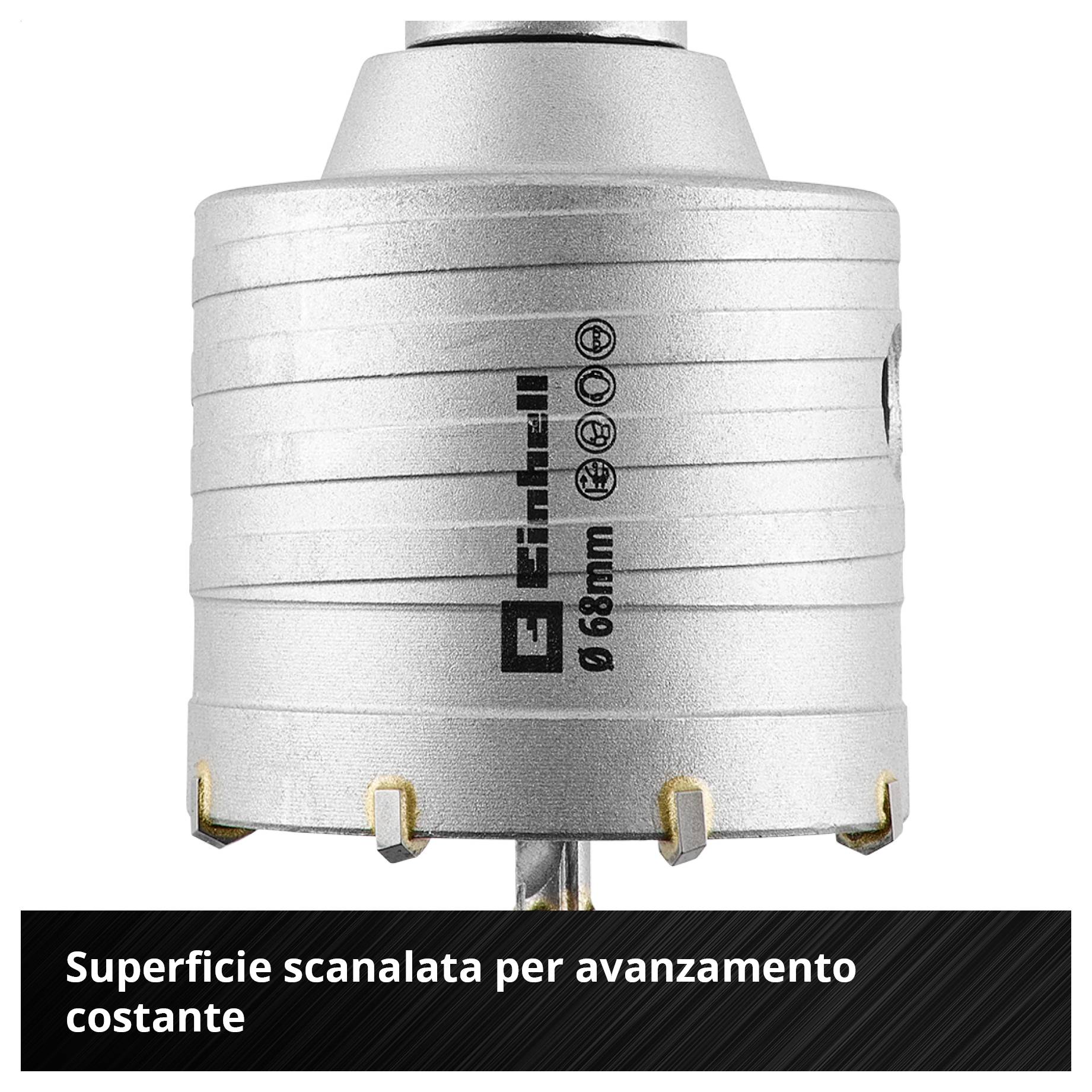 Adattatore per sega a fori Grauer da 68 mm con superficie esterna rigata; il testo recita: "La superficie esterna rigata garantisce un avanzamento di foratura costantemente elevato".