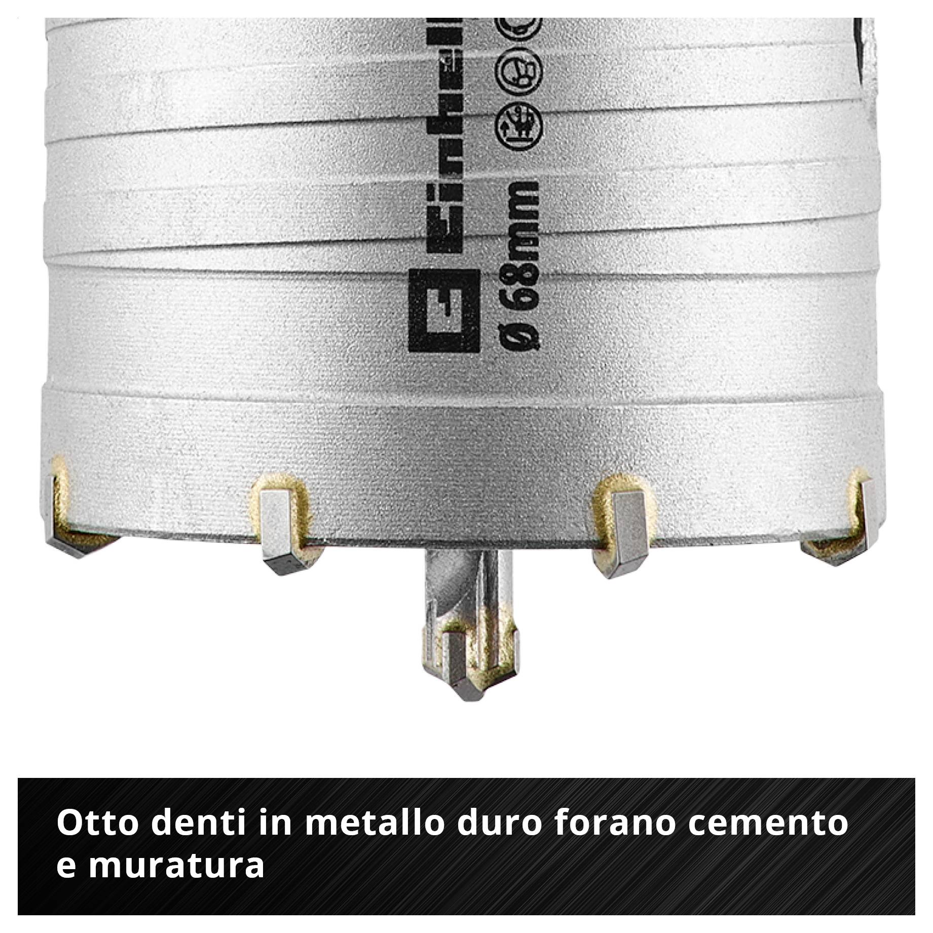 Sega a corona con diamante di 68 mm di diametro e denti in metallo duro; Testo: 'Otto denti in metallo duro perforano senza sforzo pietra e calcestruzzo'.