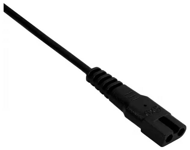 Un cavo di alimentazione nero con connettore a due pin, spesso utilizzato per piccoli dispositivi elettronici.