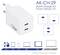 Caricabatterie 'AK-CH-29 Quick Charge 3.0 Power Delivery 3.0' con doppi connettori USB-C. Supporta uscite da 45W e 15W. Compatibile con telefoni, tablet e laptop.