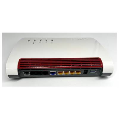 Un router LED bianco e rosso con più porte, incluse connessioni LAN, USB e alimentazione, mostrato da dietro.