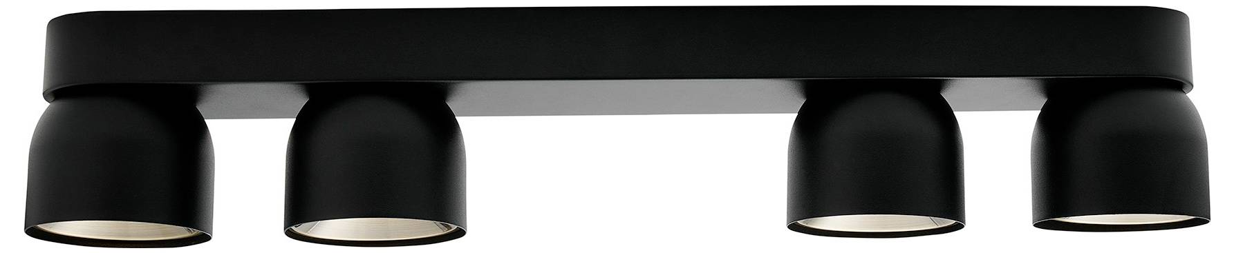 Un apparecchio di illuminazione da soffitto nero con quattro testine faretto orientabili progettate per illuminazione direzionale.