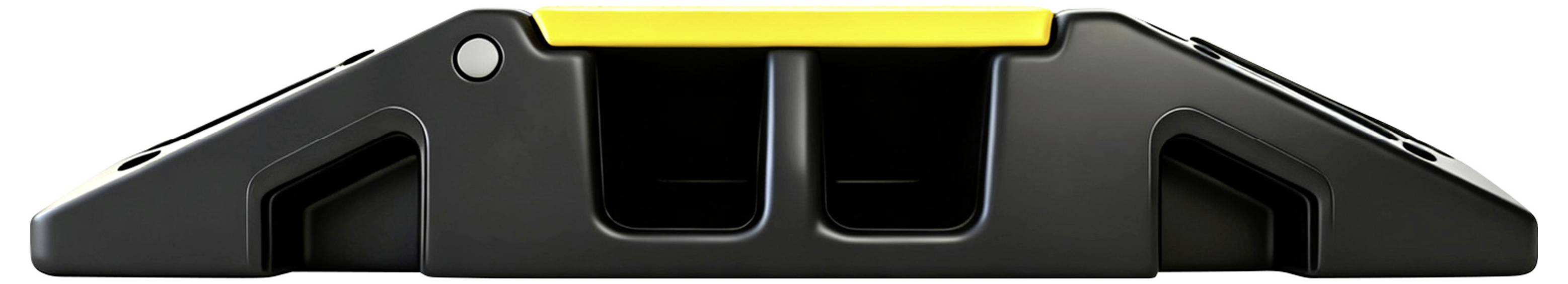 Staffa di supporto in plastica nera con bordo superiore giallo e due slot centrali incassati, mostrata su sfondo bianco.