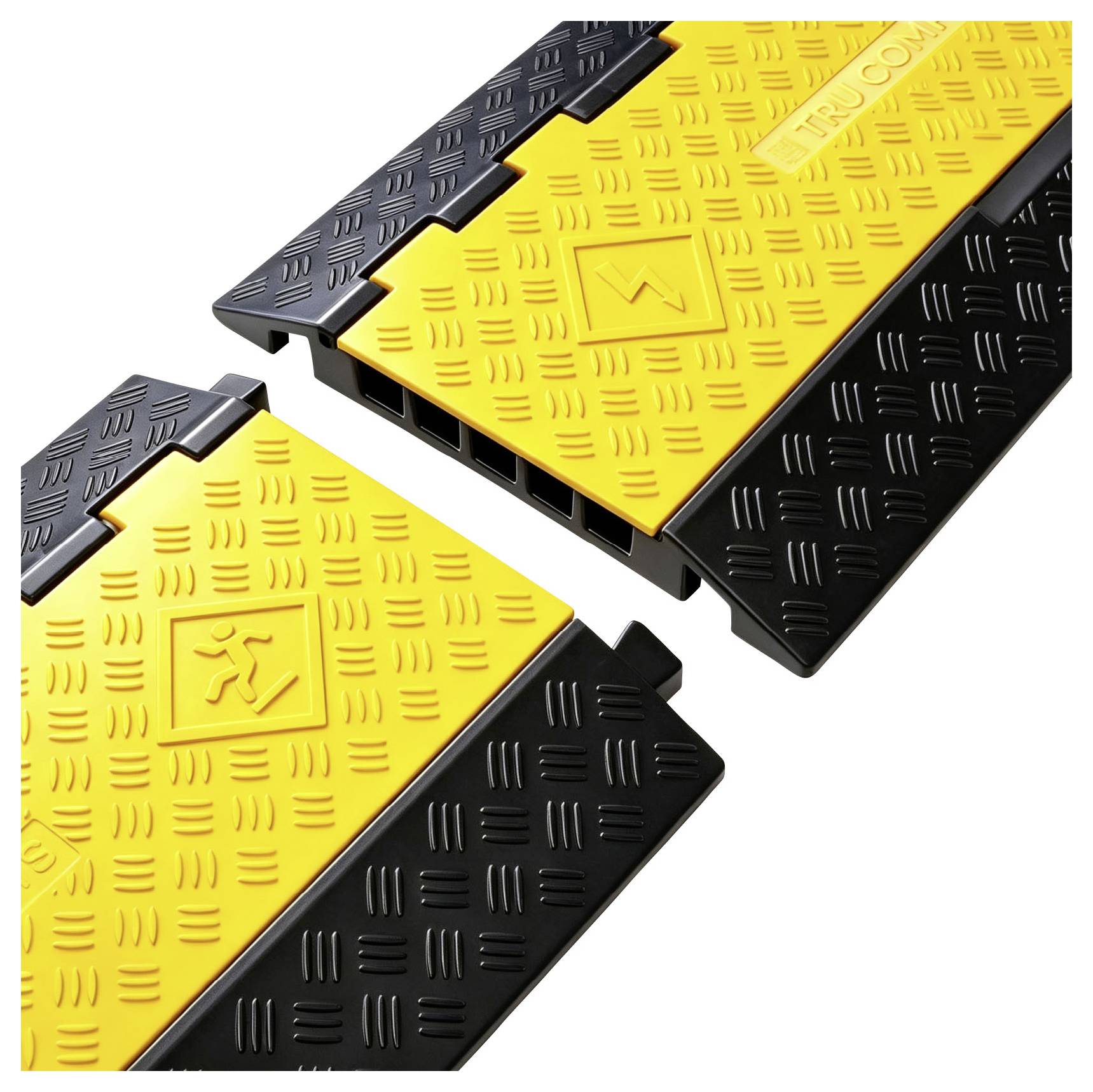 Due rampe protettive per cavi interlocking con sezioni texture gialle e nere, mostrate come coperture modulari per la pavimentazione stradale su uno sfondo bianco.