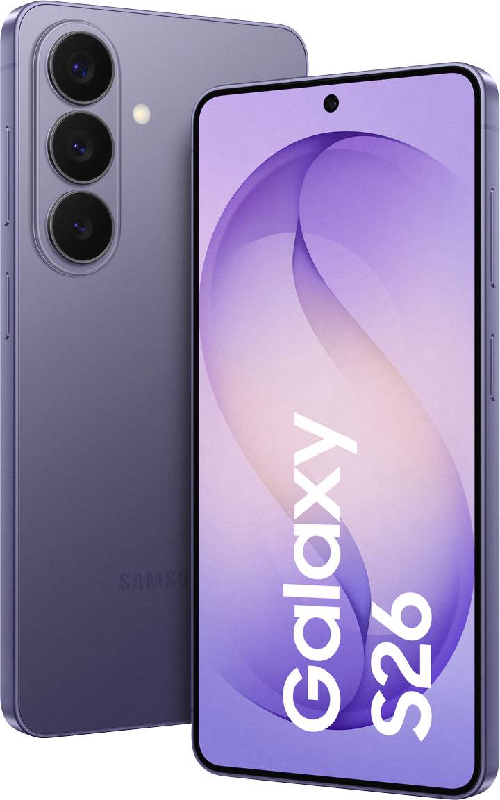 Uno smartphone dal design elegante e di colore viola con tre fotocamere posteriori, che visualizza "Galaxy S26" sullo schermo.