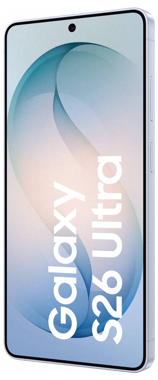 Display dello smartphone 'S26 Ultra' con bordi curvi che presenta uno sfondo con design sfumato blu e fotocamera frontale centrata.