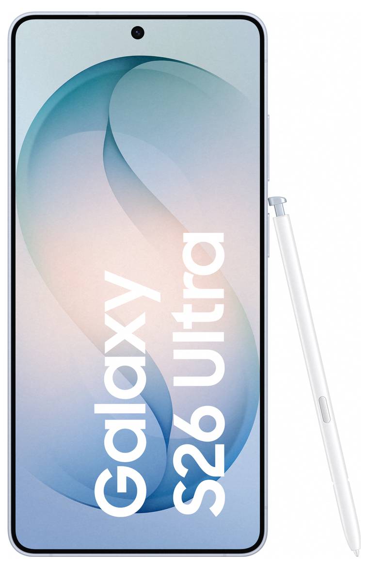 Uno smartphone etichettato "Galaxy S26 Ultra" con un design elegante e uno stilo accanto, che indica caratteristiche e funzionalità avanzate.