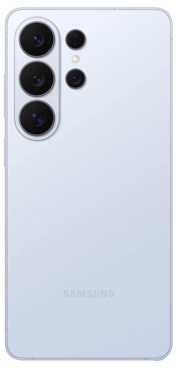 Uno smartphone elegante e moderno di colore blu chiaro con quattro fotocamere posteriori disposte verticalmente.