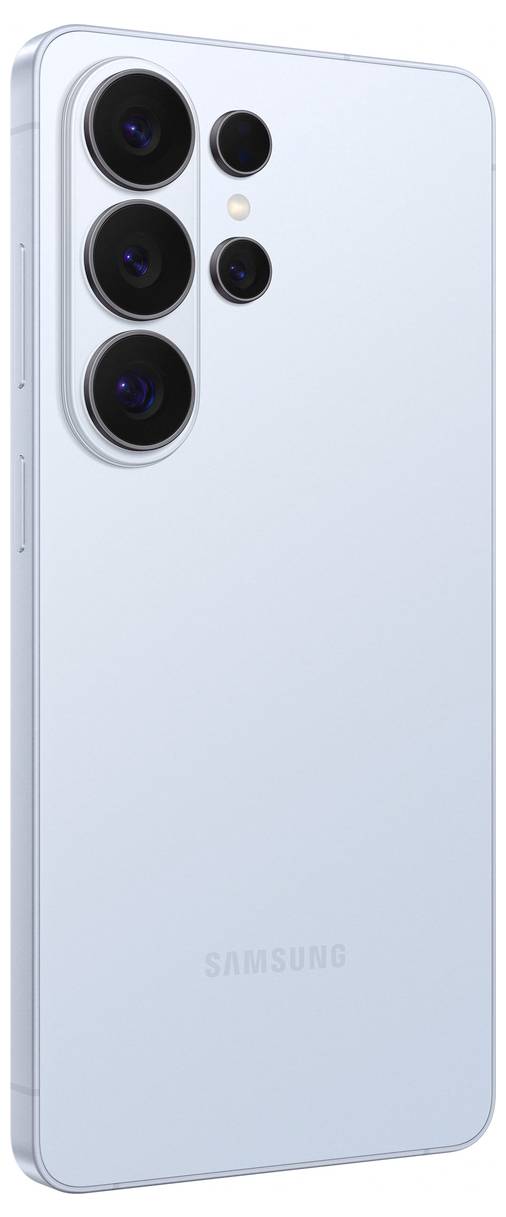 Uno smartphone blu chiaro con un design elegante, dotato di molteplici lenti fotografiche sul retro, mostra il logo Samsung in basso.