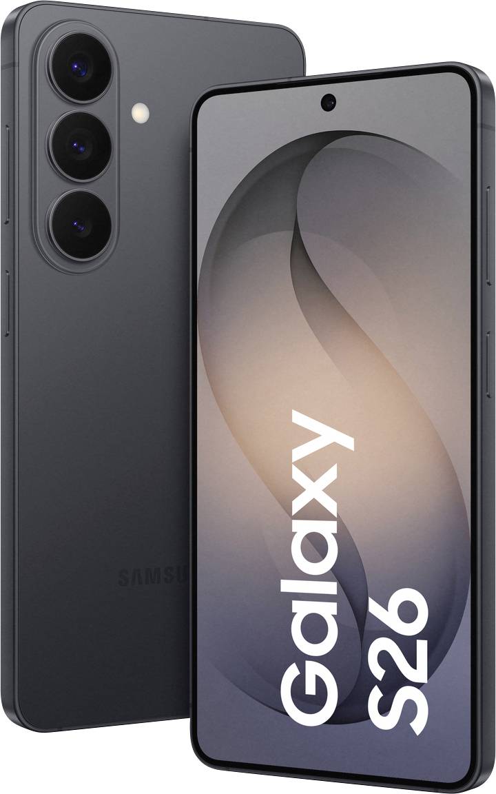 Uno smartphone elegante con tripla fotocamera è in mostra. Lo schermo mostra il testo "Galaxy S26" con un design minimalista.