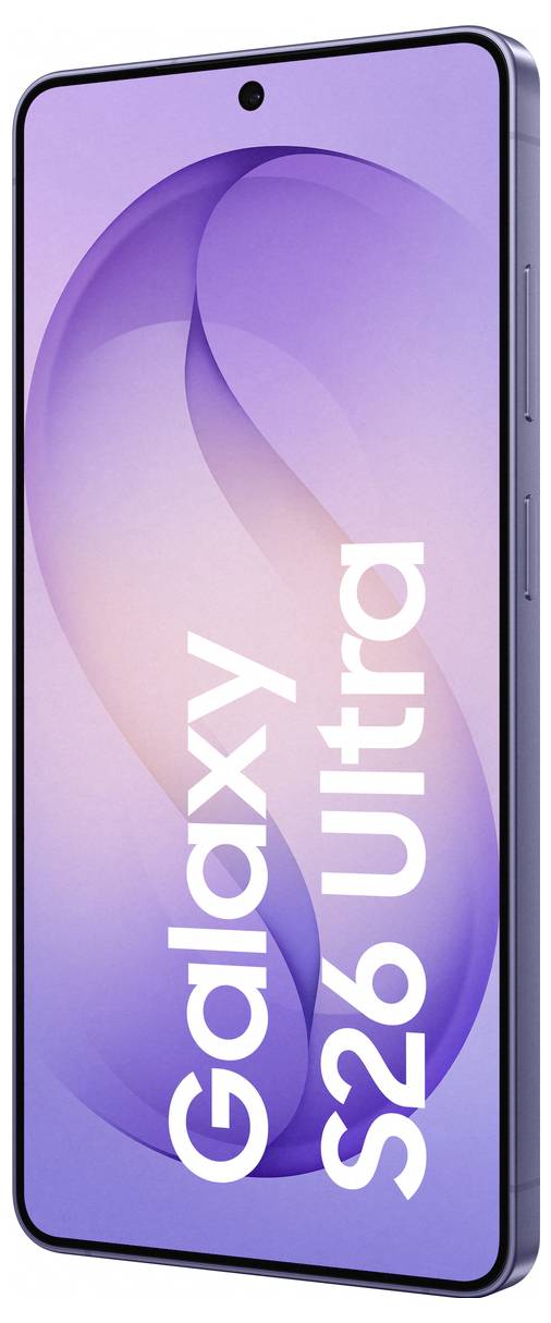 Smartphone con un grande display, etichettato 'Galaxy S26 Ultra', caratterizzato da un design elegante e cornici minime.