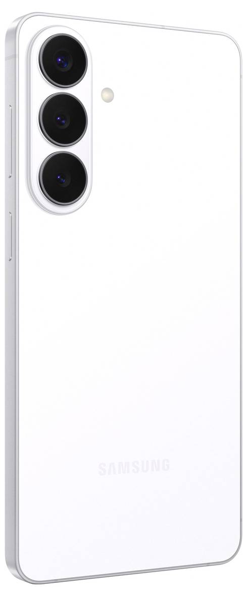 Uno smartphone bianco con tre fotocamere posteriori e un piccolo flash, che mostra il design del retro.