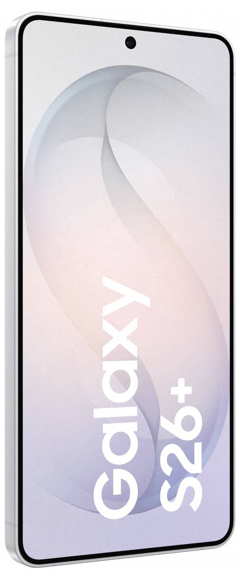 Uno smartphone leggermente inclinato, con un ampio display caratterizzato da uno sfondo con sfumatura sottile. Le parole "Galaxy S26+" sono visualizzate in primo piano.