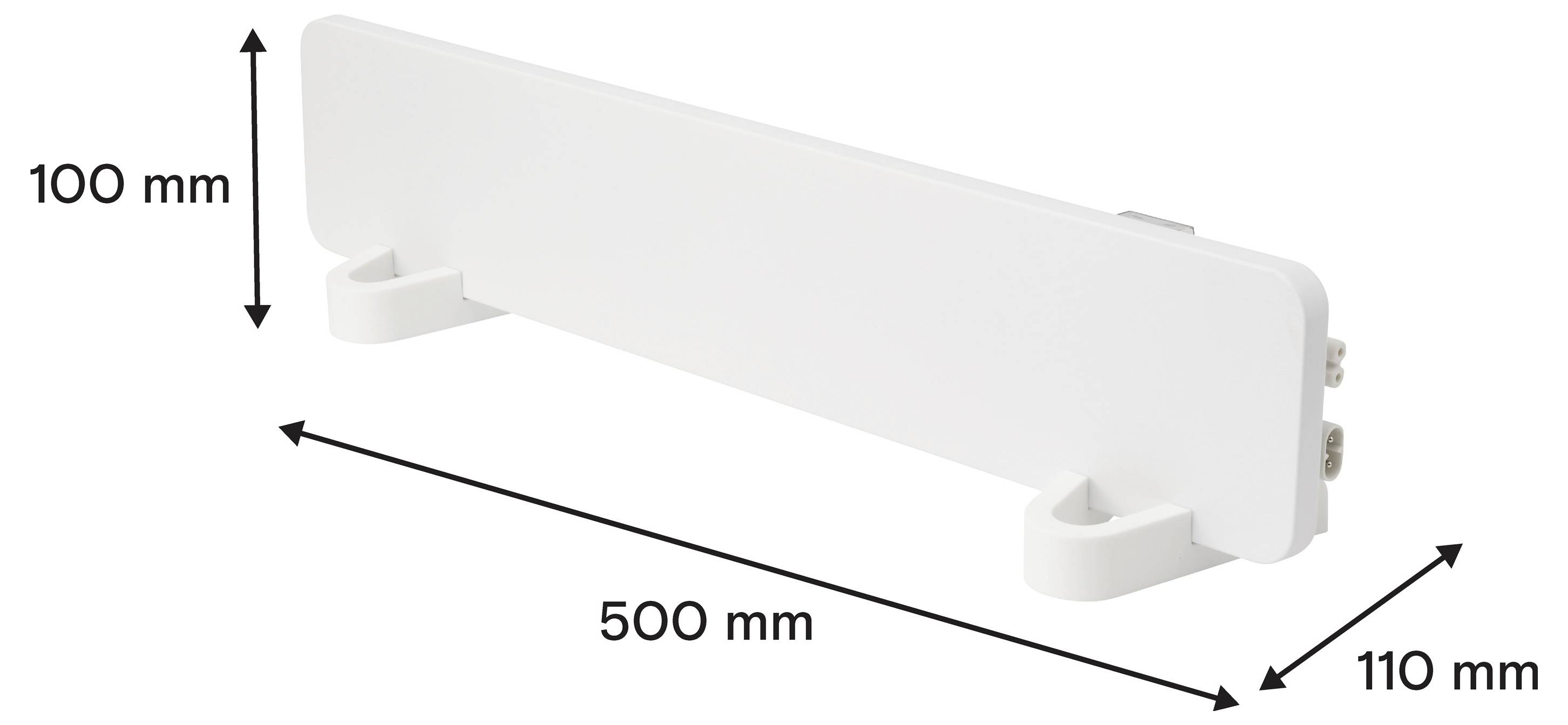 Pannello riscaldante rettangolare bianco su due piedini da pavimento, dimensionato 500 mm di lunghezza, 100 mm di altezza e 110 mm di profondità.