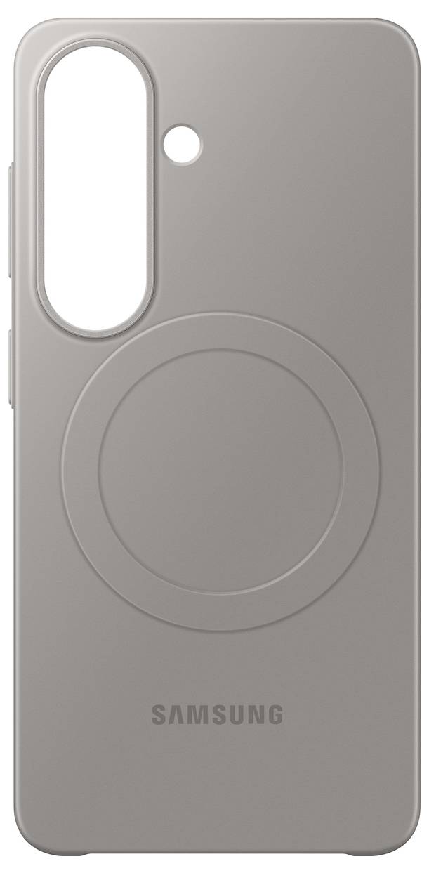 Una custodia per telefono Samsung di colore grigio chiaro con una grande indentazione circolare al centro e un ritaglio verticale per la fotocamera in alto a sinistra.