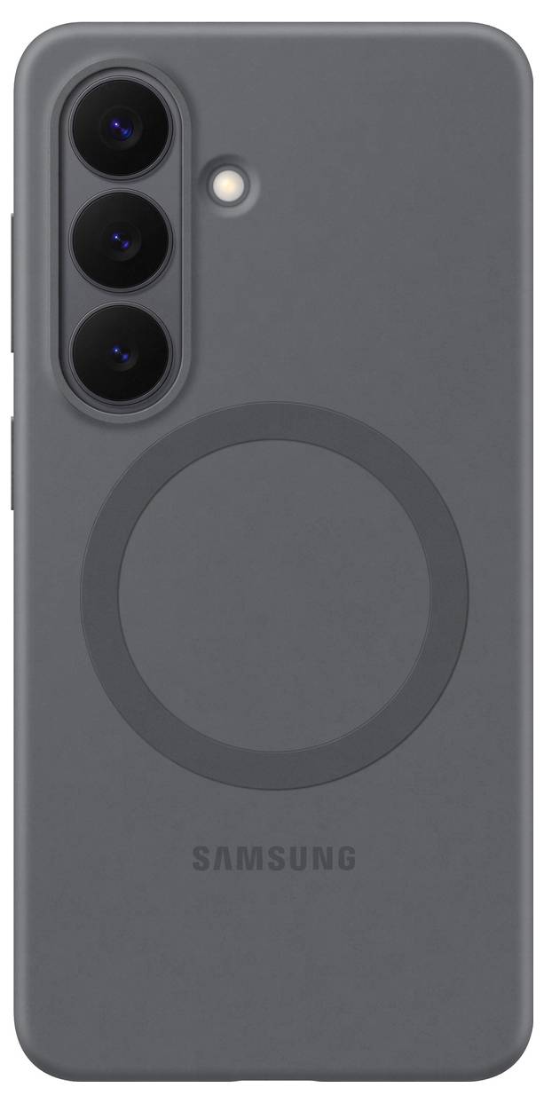 Una custodia per smartphone grigio scuro con tre ritagli per la fotocamera e un design circolare al centro, etichettata "Samsung" in basso.