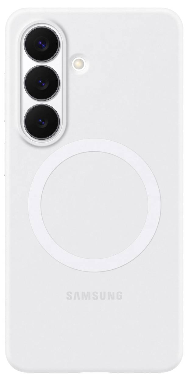 Uno smartphone bianco con un triplo sistema di fotocamere in alto a sinistra, un design circolare al centro e la scritta 'Samsung' stampata sotto il cerchio.