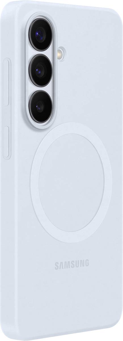 Una custodia per telefono Samsung blu chiaro con tre aperture per la fotocamera posteriore e un design con anello magnetico circolare sul retro per la compatibilità con la ricarica wireless.